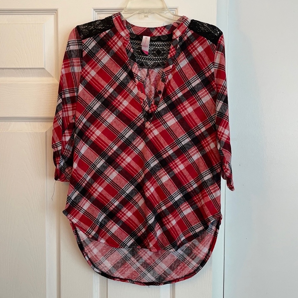Red Plaid and Black Lace Top